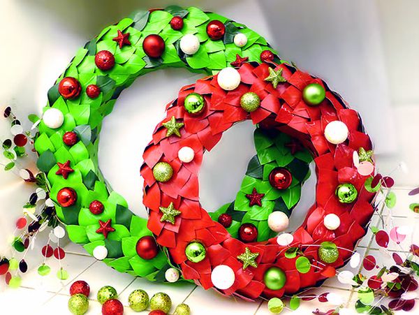 duct tape wreaths in green and red help spread the holiday spirit